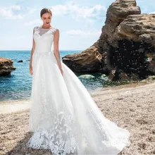 High Quality Tulle Summer Beach Wedding Dresses Scoop Neck 2016 Applique Zip Back with Court Train