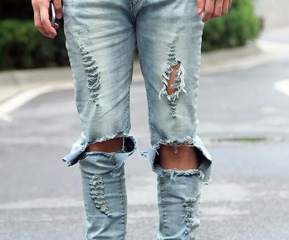 Рваные джинсы для Для мужчин мужской Skinny Distressed Тонкий известный Брендовая Дизайнерская обувь Байкер хип-хоп черные джинсовые рваные