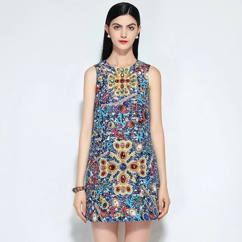 

Fashion Summer Designer Runway Dress Women Sleevless Elegant Crystal Diamonds Sea Lifes Printed O neck Mini Tank Dresses