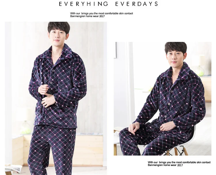 Pajamas Mens Flannel Pajama Suits Winter Autumn Sleeping Clothes Two Piece Nights Men Night Wear Clothing Thick Corduory 2018 New JW284 (9)