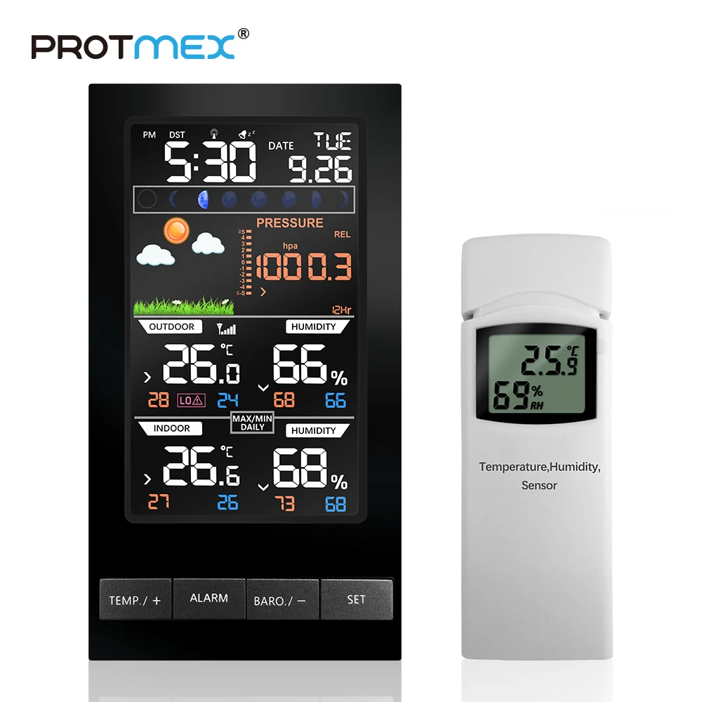 PROTMEX Weather Station Temperature Humidity Wireless Colorful LCD Display With Barometer Weather Forecast RCC Clock in/outdoor PROTMEX Weather Station Temperature Humidity Wireless Colorful LCD Display With Barometer Weather Forecast RCC Clock in/outdoor