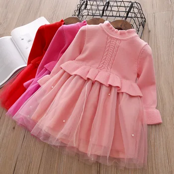 

2018 Autumn Winter Dress Girls Dresses Kids Sweater Long Sleeve Mesh Ball Gown Dress 2-6 Y Baby Autumn Princess Dress Wholesale