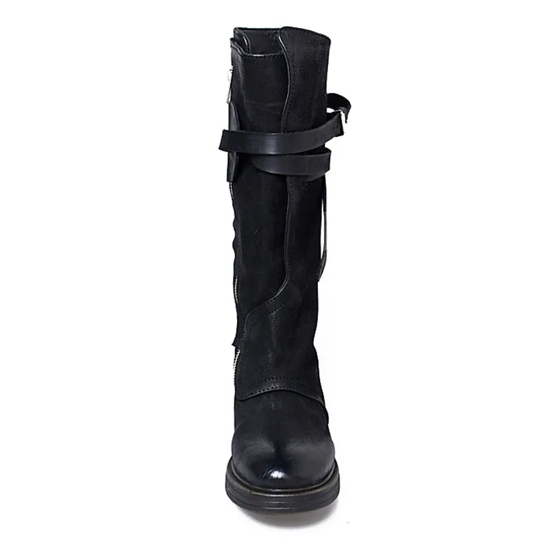 In Plush Hebilla light Bajo In Tacón Redondo light Fondo Largas Del Brown Cremallera Perfetto Correa Black Mujeres Real Retro Botas Pie lado De Nuevo Estilo Cuero black Grueso Brown Prova Dedo Sqw4Tn