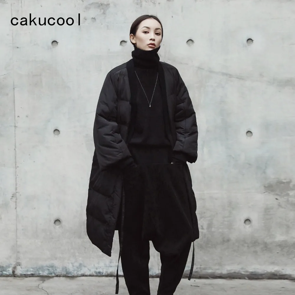 Новая женская темно-черная длинная парка Cakucool свободная большая на шнуровке