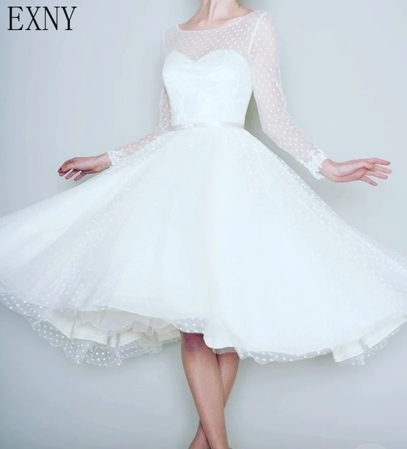 1905's Vintage White Long Sleeve Short Wedding Dress Women Bridal Dresses Tea Length Retro Dotted Gown 2019 Spring New | Свадьбы и