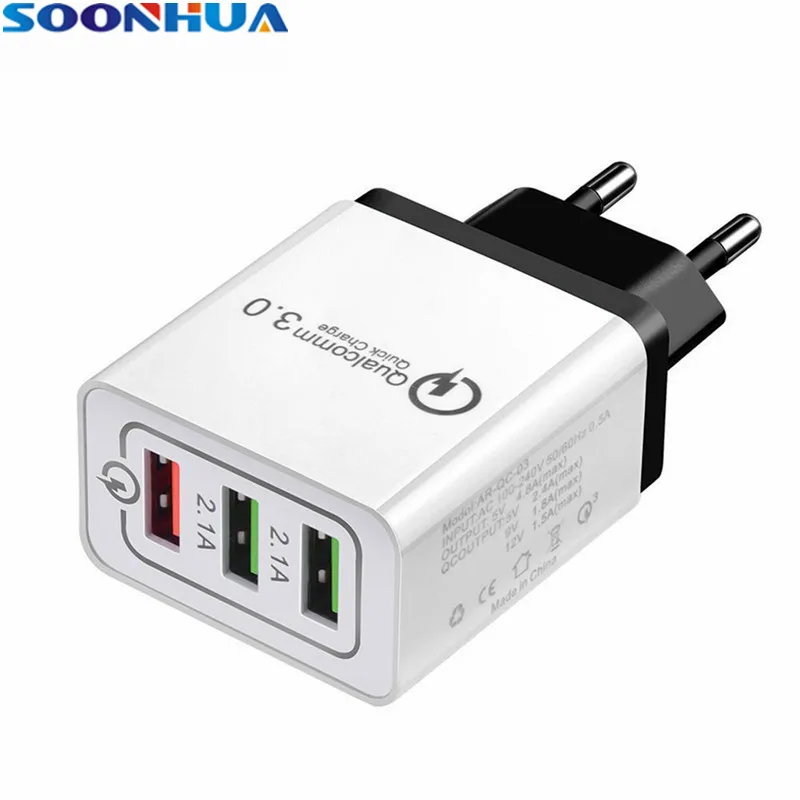 

SOONHUA 3 Ports USB Charger Colorful 5V 2.1A Quick Wall Charger Adapter QC3.0 Mobile Phone Charging Adapter For iPhone Samsung