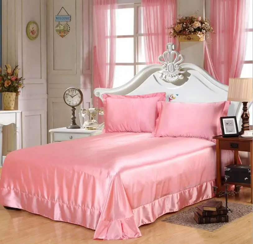 

1/3pcs Solid Color Home Textile Pink Flat Sheet Imitated Silk Bedding Bed Sheet Pillow cases Princess Bed cover Double King Size