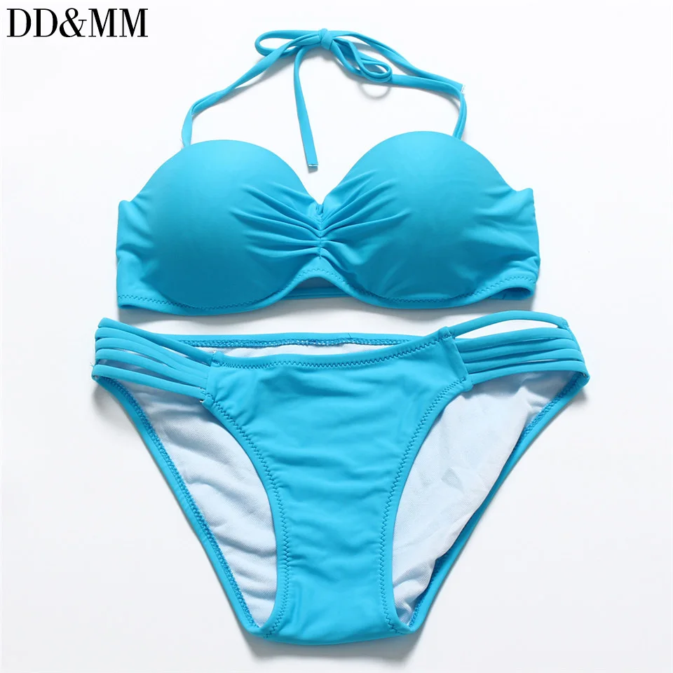 DD&MM Brand Bikini Set Women Solid Bandeau Halter Bikinis Swimwear Push ...