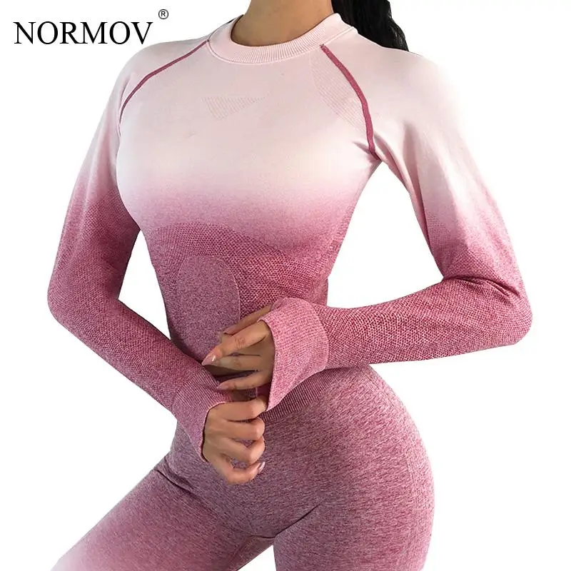 

NORMOV Women Sexy Fitness Crop Top Long-Sleeve Seamless Tops Women Round Neck Stretch Sporting Tops Roupas Feminina