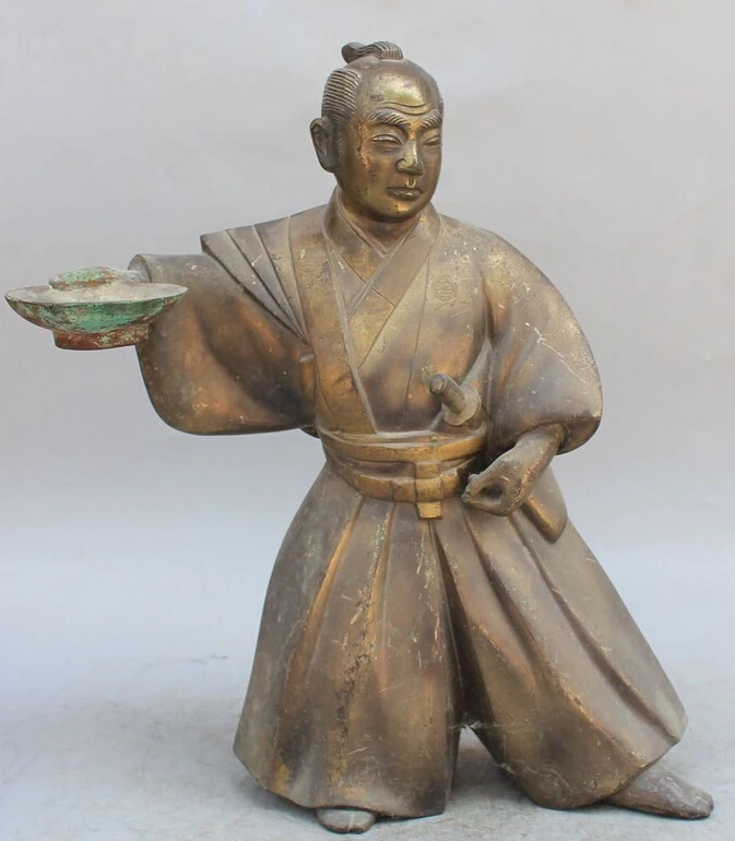 

006477 16" Ancient Japan Japanese Bronze menfolk man hold Bowl warrior knight Statue