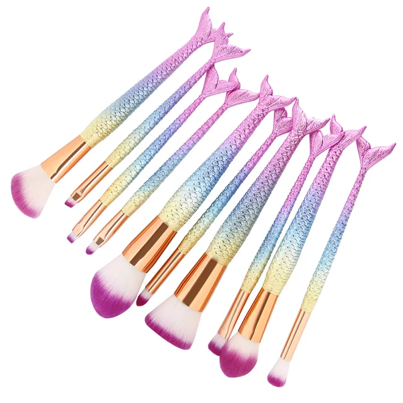 10pcs Sets Mermaid Makeup Brushes Set Glitter Colorful Fish Tail Powder Foundation Eye Lip Contour Brushes Kit Cosmetic Tool