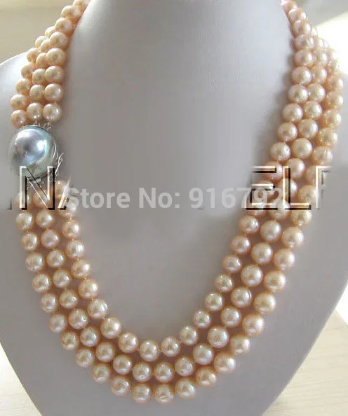 

Wholesale17-19" 3row 9mm pink round freshwater pearl necklace-925 silver blister pearl c