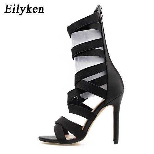 Eilyken; модные летние эластичные сапоги; босоножки; пикантные женские сапоги на молнии с острым носком на тонком каблуке; Размеры 35-43 - Цвет: Balck