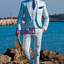 Дизайн одна кнопка Небесно-Голубой жениха Смокинги для женихов Для мужчин свадебные костюмы для выпускного Жених(куртка+ Брюки для девочек+ жилет+ галстук) k: 888