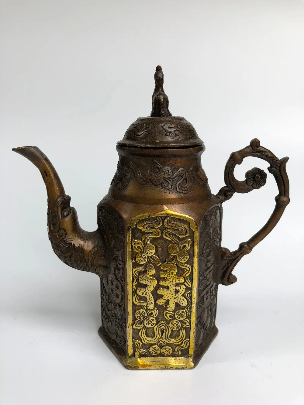 Pure Copper Antique Jug Six Sided Pot Shoulu Pot Decoration Home