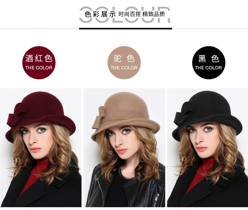 Women Party Formal Headwear Lady Winter Fashion Asymmetric Bowknot 100% Wool Felt Hats straw bucket hat