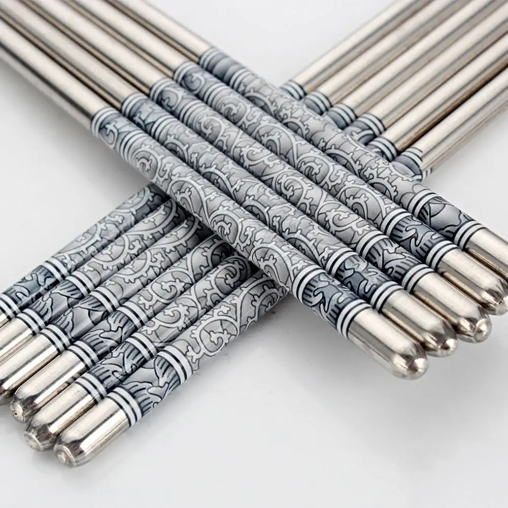 

New 3 Pairs Stainless Steel Reusable Flower Printed Non-slip Chopsticks Tableware