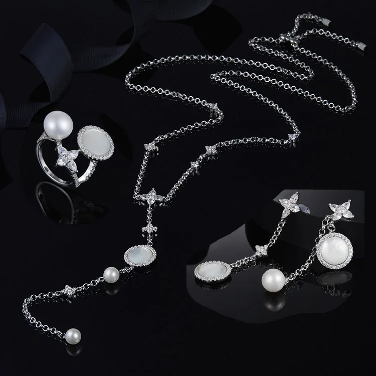 

[MeiBaPJ] Real 925 Silver Natural Pearl Star Shellfish Necklace Earrings Ring 3 Piece Suite Jewelry Set for Women Fine Jewelry