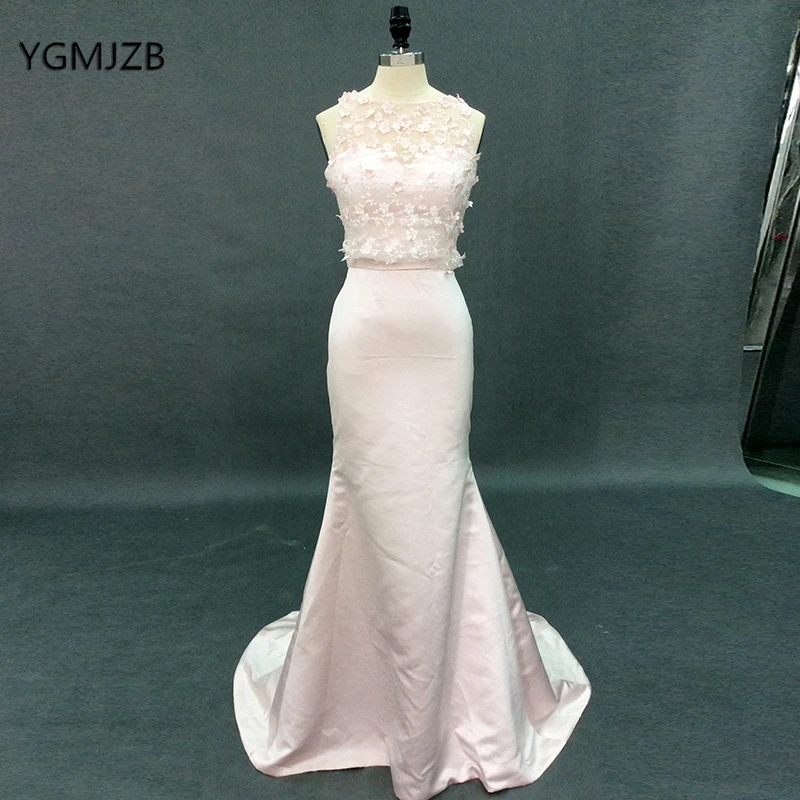 

Elegant Pink Evening Dresses 2018 Mermaid Lace Embroidery Flowers Satin Prom Dress Women Formal Evening Gown Robe De Soiree