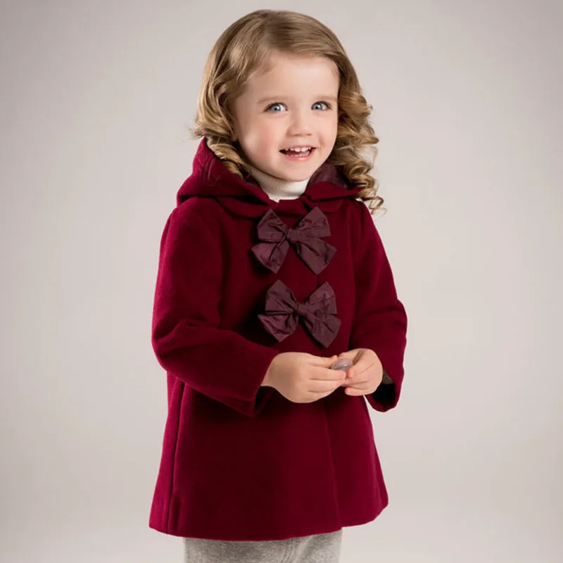 Autumn Winter Jackets Girls Kids Clothes Burgundy children bay girl woolen jackets A Line Bow
