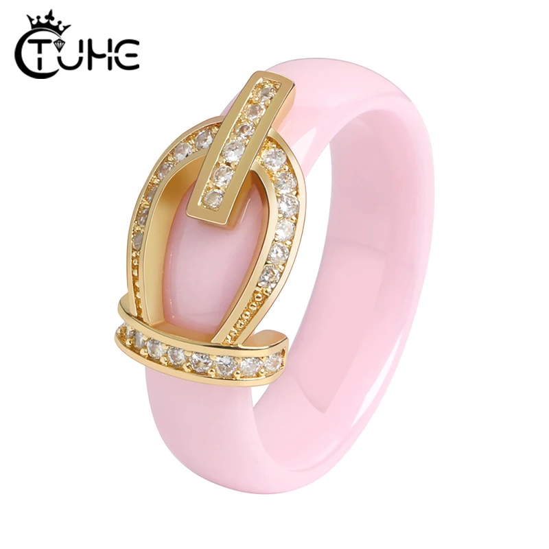 

Russian Pink Zircon Crystal Women Ring Wedding Ring Fashion Gold Crown Party Jewelry Healthy Ceramic Jewelry