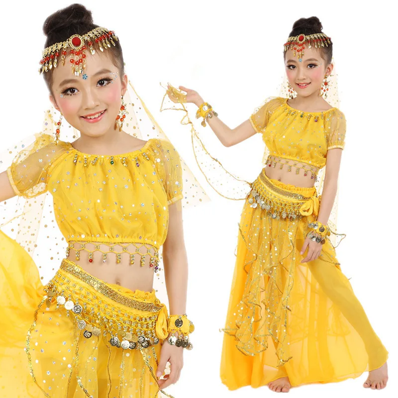 6 шт./компл., детский костюм для танца живота, Индийские танцы, платье, комплект, одежда для выступлений для маленьких девочек, бальное платье для детей 95-155 см