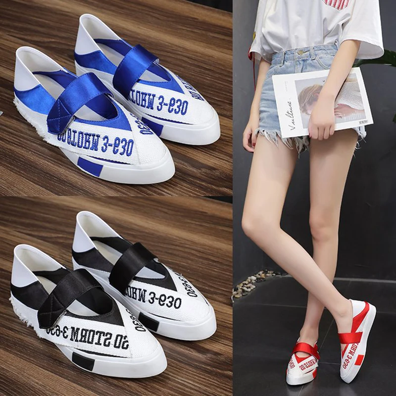 

mixed color letter pointed toe canvas shoes women autumn new flat single shoes fashion small white shoes woman espadrilles shoes