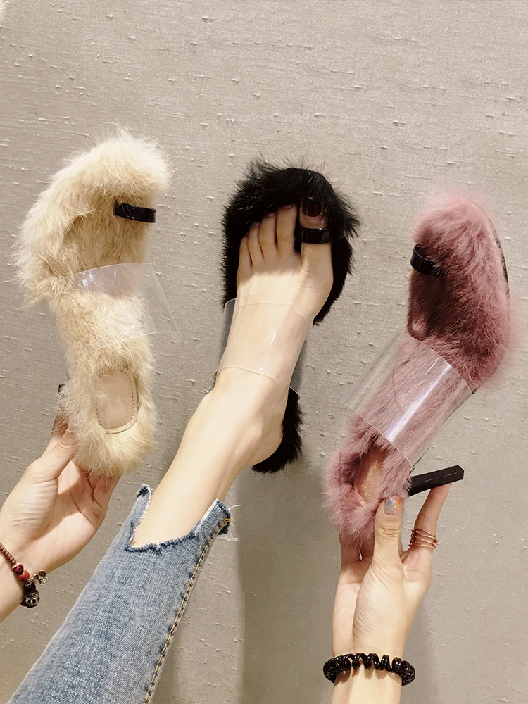 

2018 Rabbit Fur Sandals Women Shoes Clip Toe Transparent Band Slippers Ladies Thin High Heels7 CM Furry Flip Flops Black Sandals