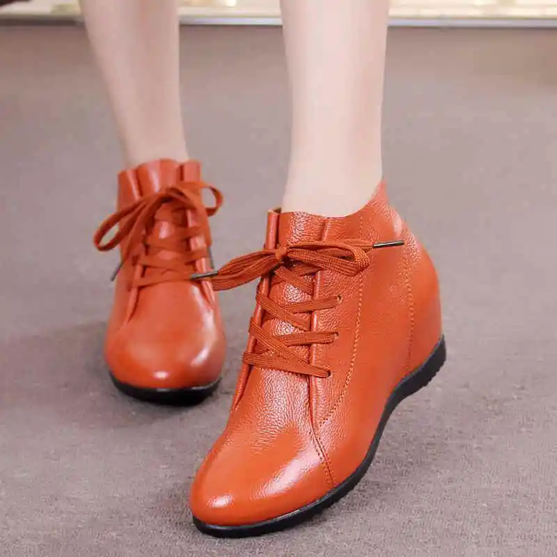 Женская обувь размера плюс 33-43 женские ботильоны из натуральной кожи на танкетке повседневные ботинки, увеличивающие рост женские ботинки - Цвет: Оранжевый