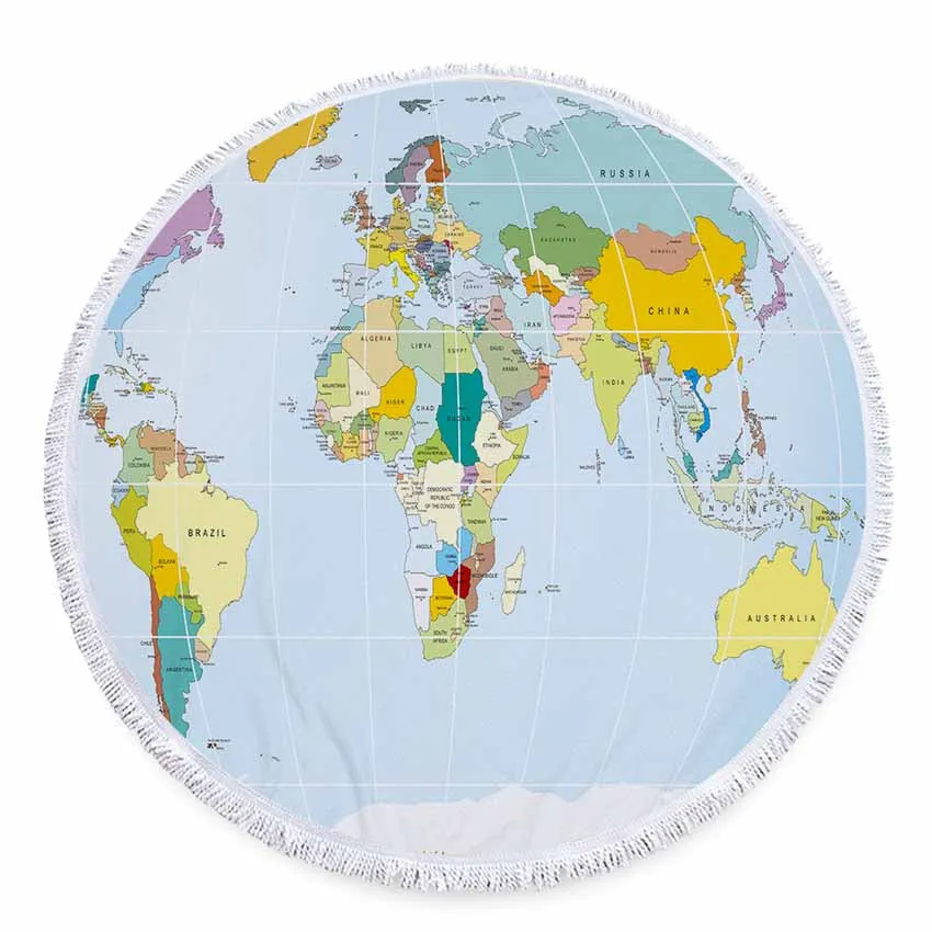 

World Map Soft Real Microfiber Beach Towels for Adults Kids Summer Round Towels with Tassel Picnic Yoga Blanket Beach Cover Up