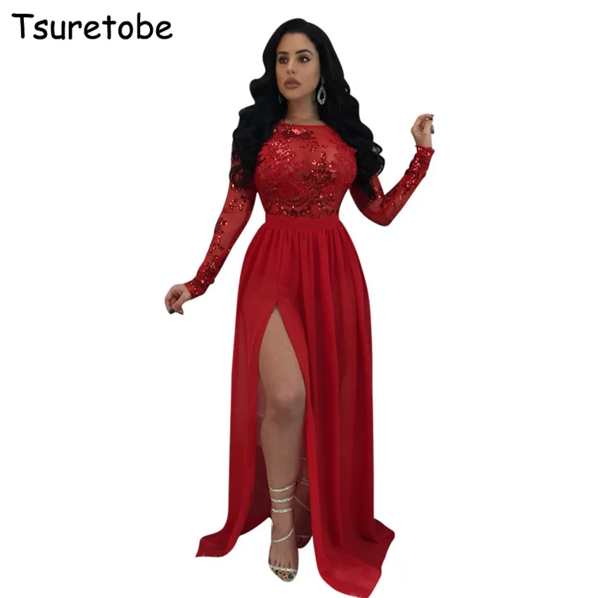 

Tsuretobe Sequined Net Yarn Patchwork Irregular Split Dress Women Hollow Out Backless Perspective Dress Bodycon Pleated Dress