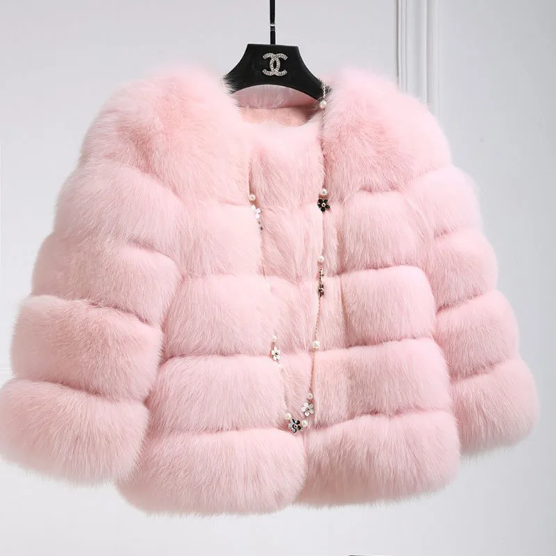 Куртка из искусственного меха размера плюс, женская зимняя верхняя одежда из искусственного лисьего меха, женские толстые теплые лоскутные пальто, Женское пальто - Цвет: Розовый