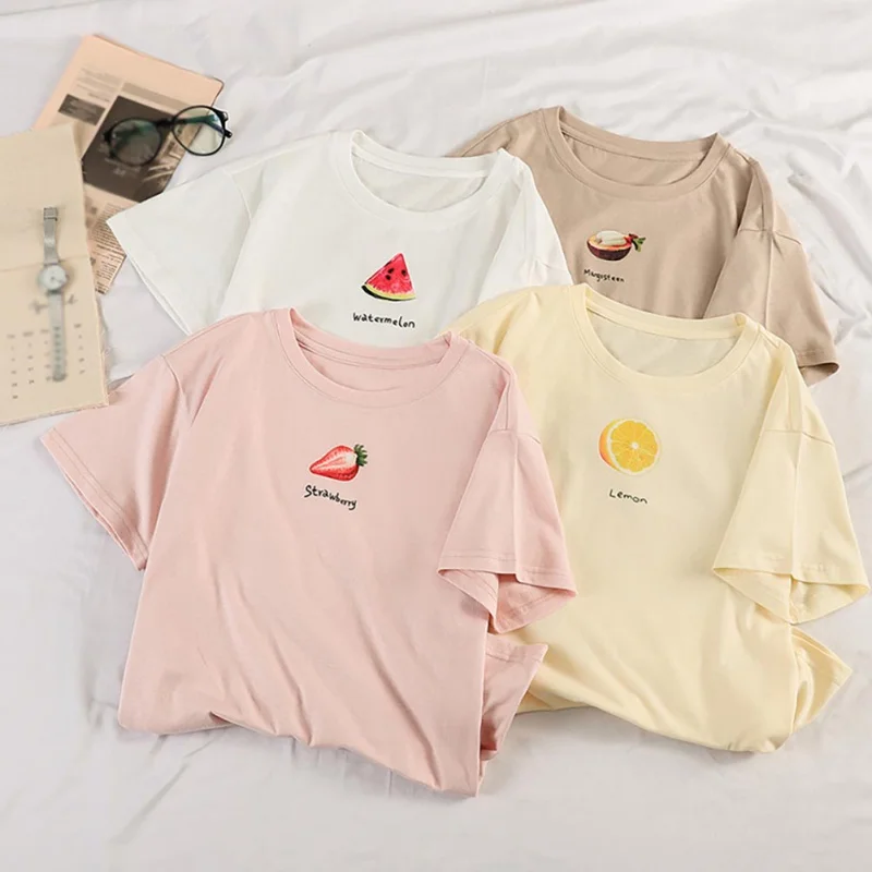 

New Summer Women T-shirt Fashion Sweet Fruit Print Cotton T-shirts Female Cute Girls Tee Shirts Girls Pink Tops Tee YRD