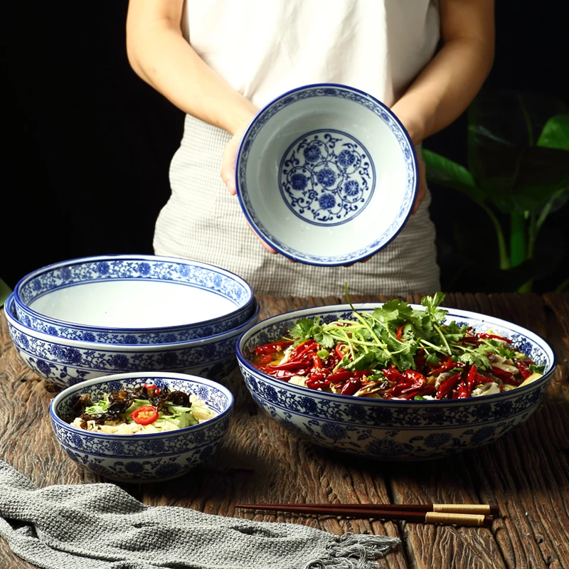 

7 inch-16 inch Chinese Blue and white porcelain Ceramic Home Ramen Bowl Fruit Dish Large Salad Bowl Soup Spaghetti Tableware