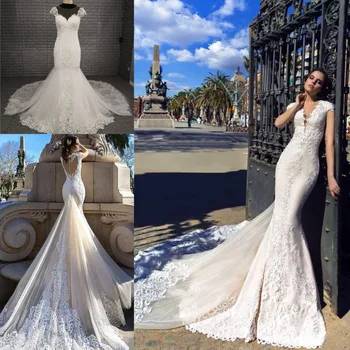

Lace Applique Mermaid Wedding Dress With Removable Train 2019 Vestido de novia With Short Cap Sleeve Modern Bridal Gowns