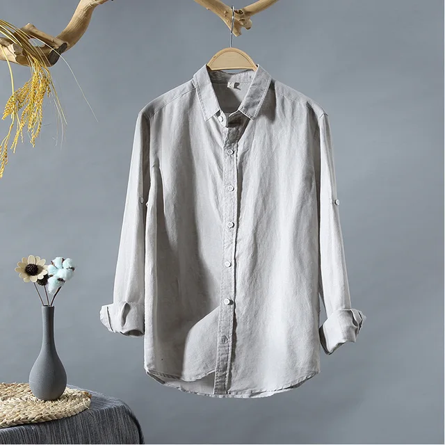 Japanese Style Mens Soft Linen Shirts Long Sleeve Casual Slim Fit Turn ...