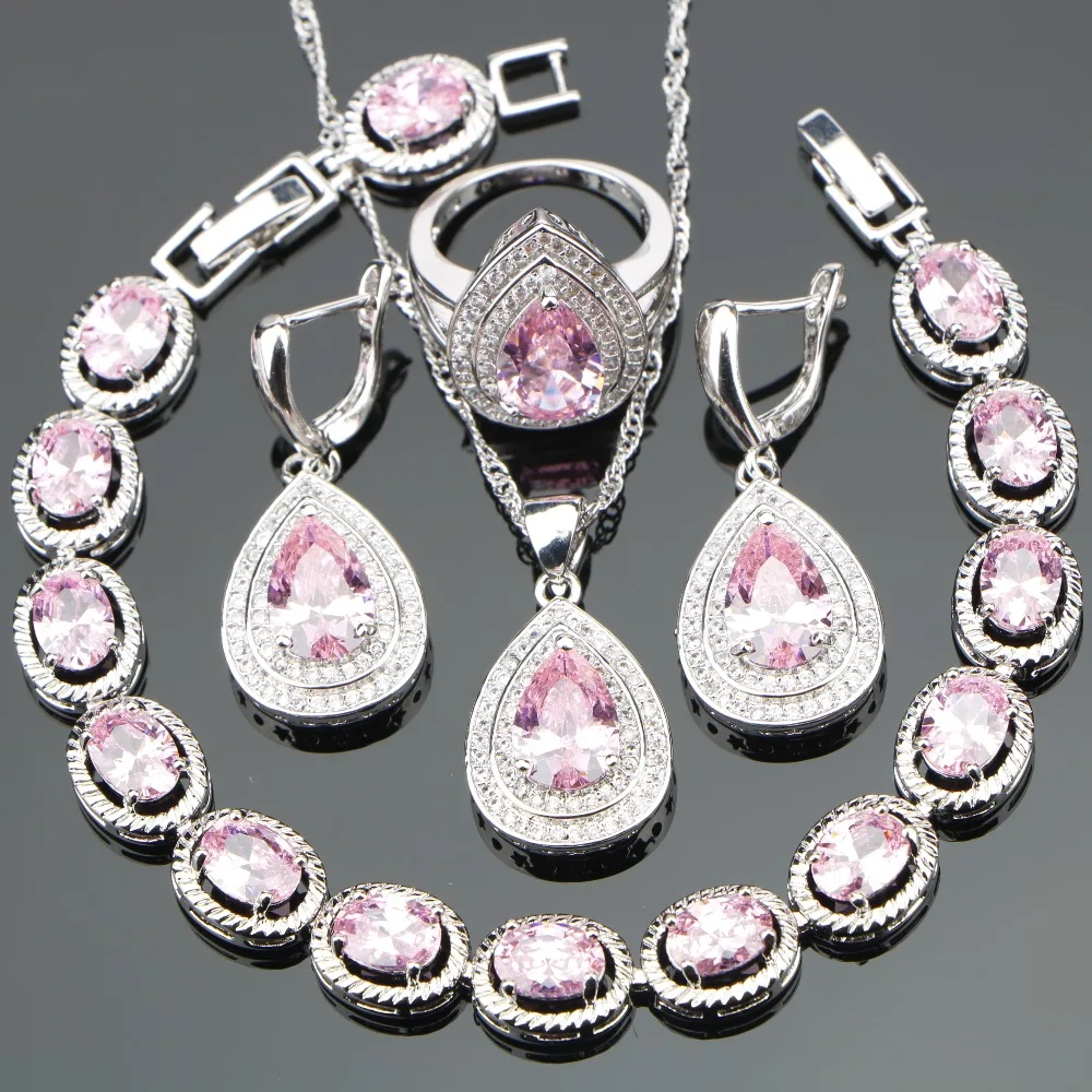 

Silver 925 Costume Jewelry Sets Women Pink Zircon Bracelets Earrings Pendant Necklace Rings With Stones Set Jewelery Gift Box