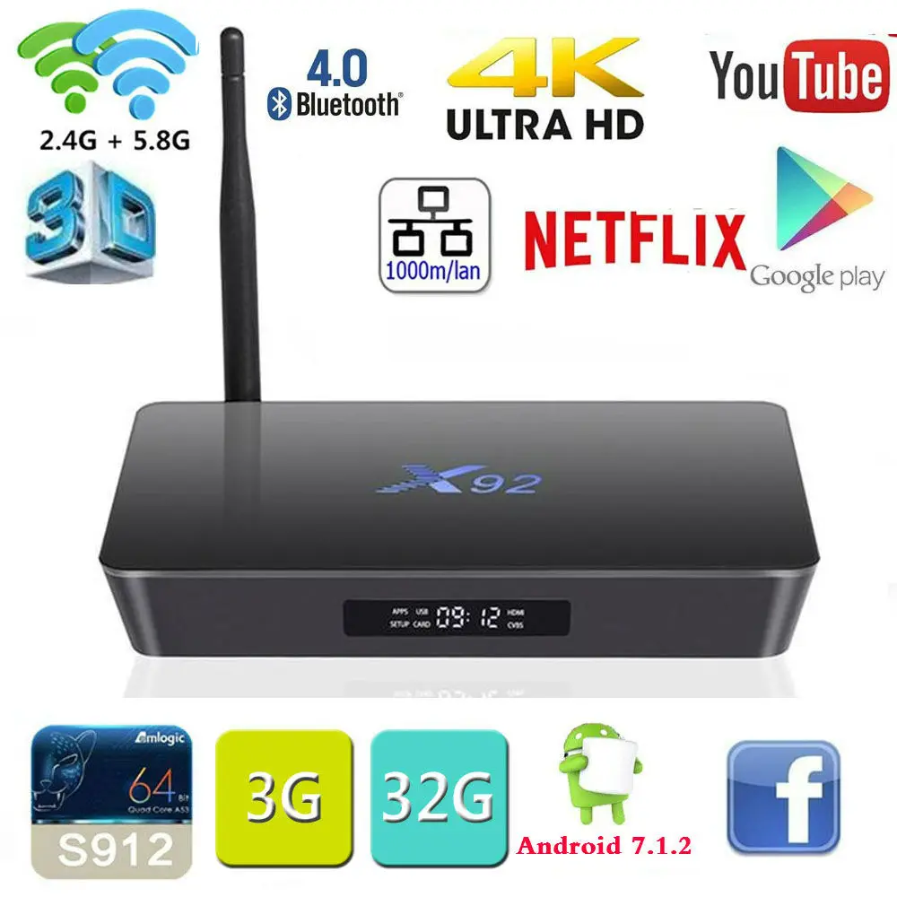 

2G/3G 16GB/32GB Smart TV BOX X92 Amlogic S912 Android 7.1 TV Box 4K Media Player OctaCore KD Player 5G Wifi X92 Set Top Box