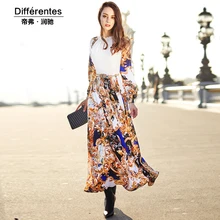 Royal fashion design long dress women’s 2017 spring and summer patchwork print slim a-line long-sleeve chiffon full dress female
