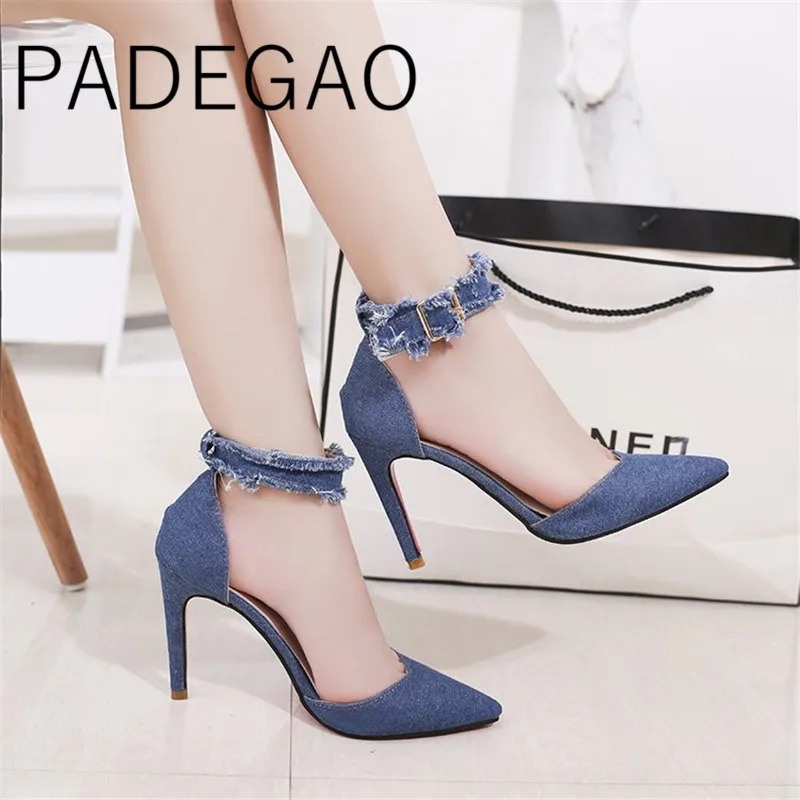 

Womens Korean Style Denim High Heels Shoes Novelty Pointed Luxury Designers Ladies Blue Shoes