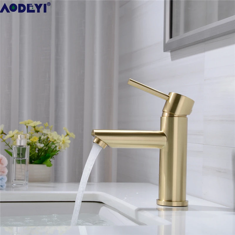Günstige AODEYI Solide Messing Bad Wasserhahn Hot   Cold Water Tap Deck Montiert Installieren Einzigen Handgriff Waschbecken Wasserhahn Gebürstet Gold   schwarz