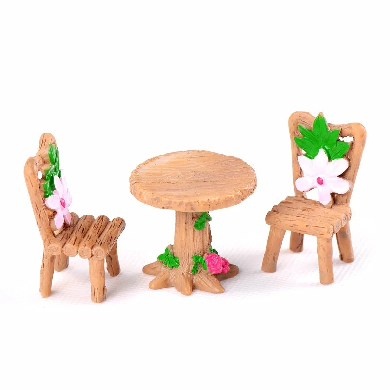 

3Pcs/set Floral Wooden Table Chairs Fairy Garden Ornaments Miniature Landscape Ornaments