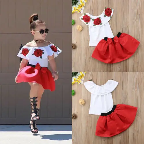 

Pudcoco Baby Kids Girls Summer Off Shoulder Flower Bowknot Tops Party Dress Mini Skirts Outfits