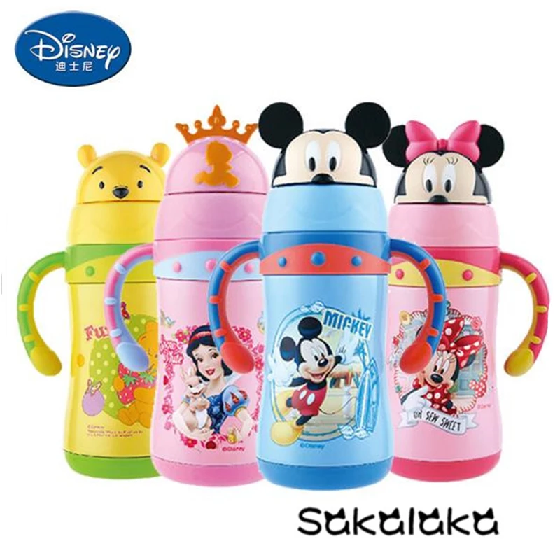 

100% brand Disney stainless steel vacuum baby straw drinking trainer insulation bottle 300ml with handgrip
