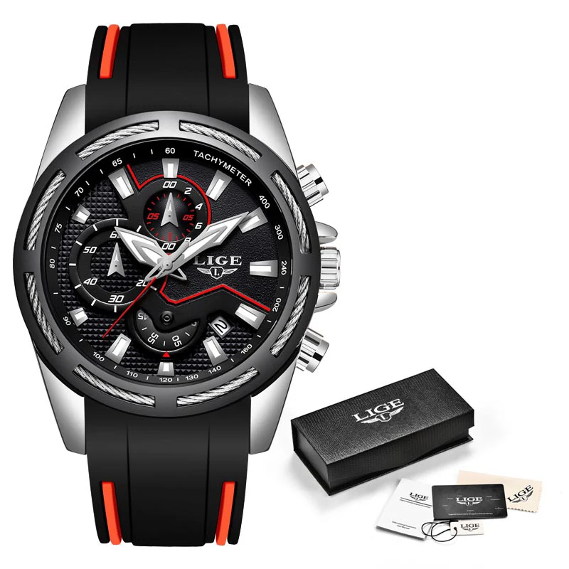 Relogio Masculino LIGE мужские часы модные водонепроницаемые с силиконовым ремешком Мужские кварцевые часы с хронографом мужские повседневные спортивные часы с датой - Цвет: Silver black