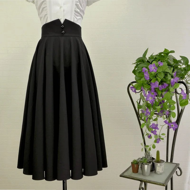 

30- vintage 50s Audrey Hepburn black swing circle midi skirt plus size saia femininas rockabilly pinup skirts elegant faldas