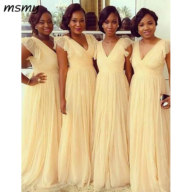 

Simple A-Line Chiffion Bridesmaid Dresses Pleat Sleeveless Ruffles Cheap Long Bridesmaid Dresses Custom Made