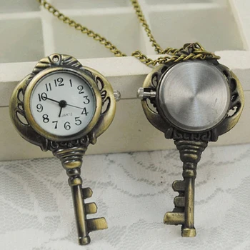 

Retro Vintage Bronze Tone Quartz Key Shape Pendant Pocket Watch Chain Necklace LXH