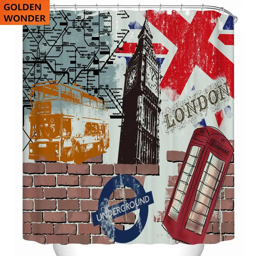 

European Style Thick Polyester Waterproof Shower Curtain Bathroom Curtain London Style High Quality Fabric