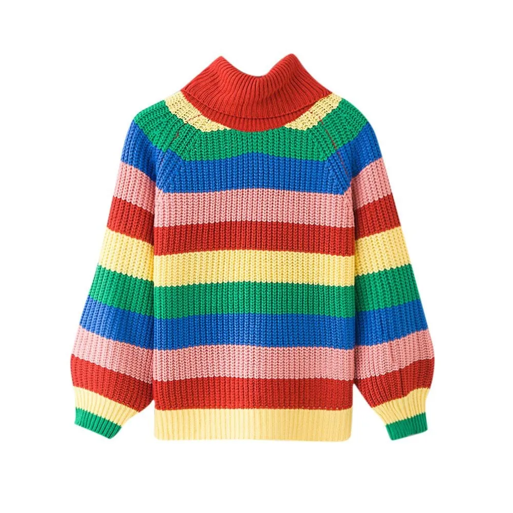 Для женщин Многоцветный Радуга полосы с длинным рукавом водолазка вязаный свитер осень зима утепленная Блузка пуловер Джемпер A25